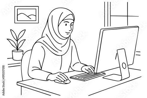 Line art illustration of hijab-wearing woman typing on desktop computer in home office setting with plant and window