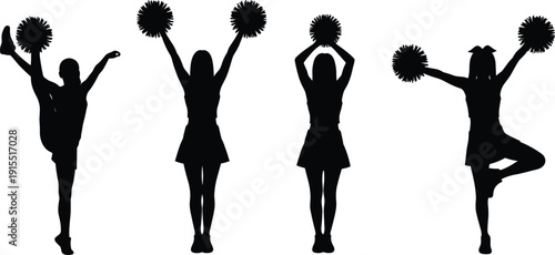 Cheerleader silhouettes set with girls holding pom poms performing dance routines and spirit poses isolated on white background for sports design