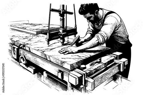 Engraving style illustration of craftsman using precision drill press on stone slab in workshop