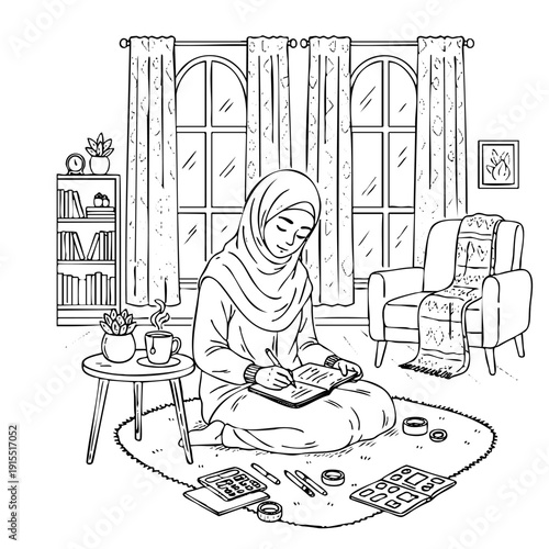 Detailed line art of hijabi woman doing creative journaling with craft supplies in cozy living room setting