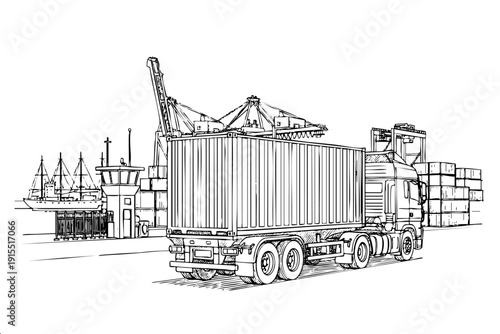 Detailed sketch of freight truck at maritime port with sailing ship crane and stacked cargo boxes