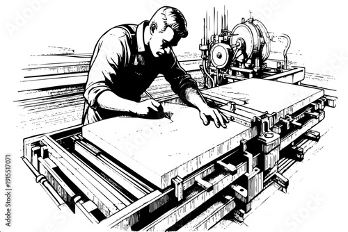 Engraving style illustration of machinist working at industrial surface grinding machine in factory