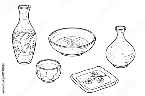 Line drawing of traditional Japanese pottery set including sake bottles decorative bowl tea cup and sakura plate