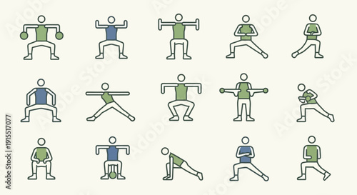 
Human Exercise Pose Stick Figure Set Showing Stretching Squat Jump And Balance Movements In Simple Minimal Vector Style For Fitness Instruction Manuals And Training Applications
