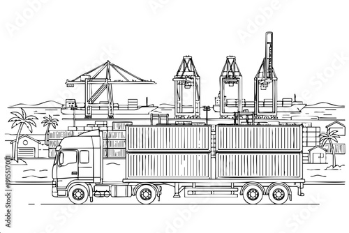 Line art of semi truck with containers at busy shipping port with cranes and cargo vessels