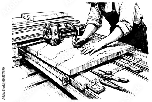 Detailed engraving style illustration of craftsman hands operating precision stone cutting machine in workshop