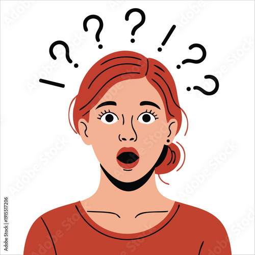 Surprised Redhead Girl with Exclamation and Question Marks Above Her Head Vector