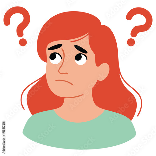 Amazed Female Character with Inquiry and Exclamation Icons Isolated Vector Illustration on White Background