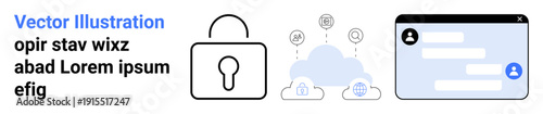 Data security, digital communication, cloud technology, encryption, online privacy, cybersecurity. A padlock, cloud icons and chat interface elements showcased. Data security and digital