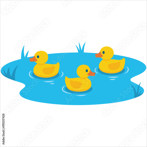Obraz na płótnie Adorable Ducklings in a Pond Isolated Vector Illustration on White Background