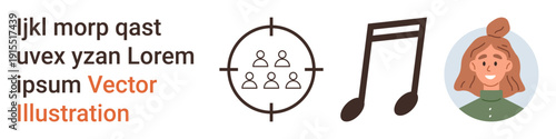Marketing, media strategy, sound production, audience targeting, design assets, illustration. Circle target with people, music note and female avatar. Audience targeting and media strategy concept