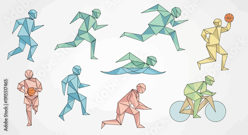 
Low Poly Geometric Human Motion Illustration Set Showing Running Jumping And Athletic Action Poses In Dynamic Polygonal Vector Style For Sports Posters Fitness Branding And Motion Graph