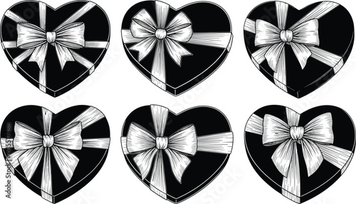 Heart shaped gift boxes with ribbon bows engraving style collection isolated on white background vector illustration set