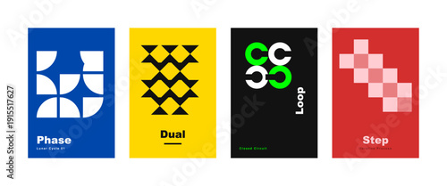 Foto Modern abstract geometric poster set featuring bold red, black, and white Bauhaus-inspired layouts with modular grid, typography, and minimal shapes