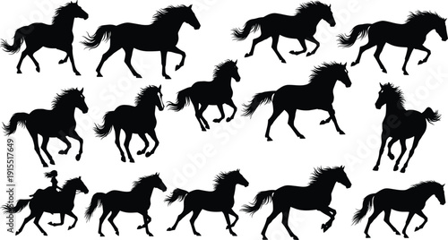 Collection of running horse silhouettes in various poses isolated on white background, black stallion vector illustration set for design and branding