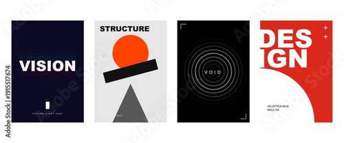 Modern abstract geometric poster set featuring bold red, black, and white Bauhaus-inspired layouts with modular grid, typography, and minimal shapes. Ideal for branding, editorial, print, posters, UI,