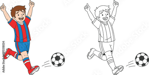  Cheering Young Boy Playing Soccer Happy Football Player Cartoon Vector