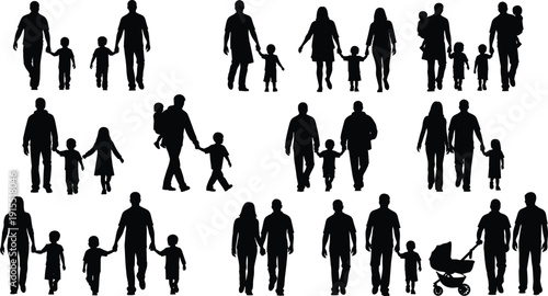 Family Silhouettes Collection Featuring Parents and Children Walking Together, Parenting, Love, Care, Parenthood and Modern Family Life Isolated on White Background