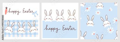 Seamless easter bunny pattern with cute rabbits and happy easter lettering on pastel background.