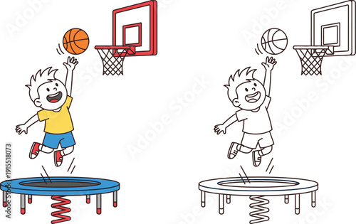 Young Boy Slam Dunking Basketball on Trampoline Kids Playtime Fun Vector