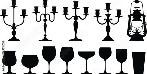 Candle holders and lantern silhouettes vector set, vintage table decor, black white glassware collection for design