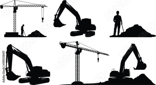 Construction site silhouettes with tower crane, excavators and workers digging soil, heavy machinery vector set, industrial building scene collection