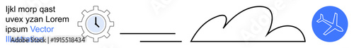 Cloud computing, aviation, logistics, time management, digital transformation, connectivity. Gear with clock, cloud outline and airplane icon. Cloud computing and aviation innovation concept