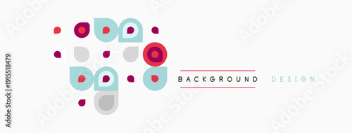 Abstract circles, squares, dots create modern background. Soft colors, simple shapes offer clean visual appeal.