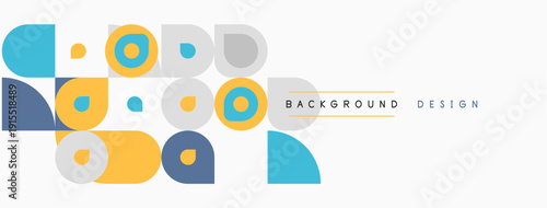 Abstract geometric shapes, circles, squares, triangles. Light colors dominate design, simple composition. Background appears offwhite.