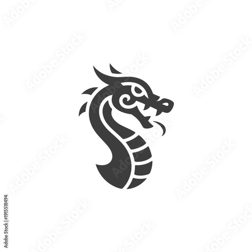 Stylized black dragon head illustration with intricate scales and sharp fierce features
