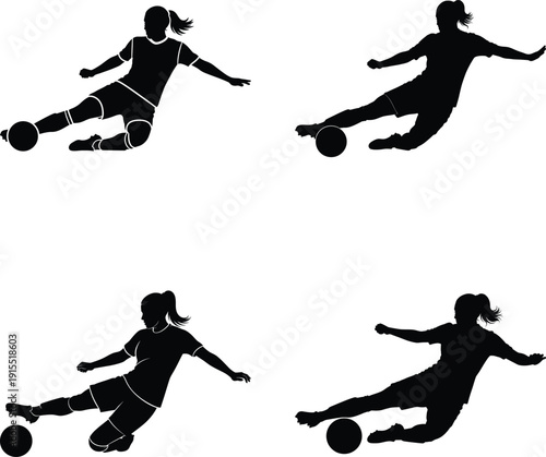 Female soccer player silhouette in dynamic action poses kicking a ball on transparent background high quality professional detailed modern elegant stylish