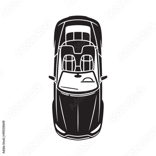 Top down black and white vector illustration of a sleek sports car with two seats and a convertible roof