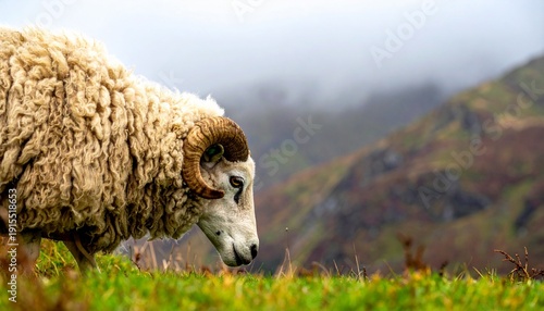 Hardy Herdwick ram grazing on a grassy hillside with dramatic misty mountains in the background