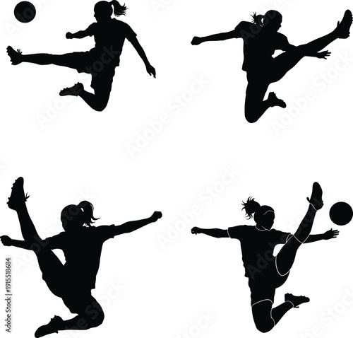 Dynamic female soccer player silhouette showcasing various kicking poses on transparent background ideal for design applications high quality professional detailed modern
