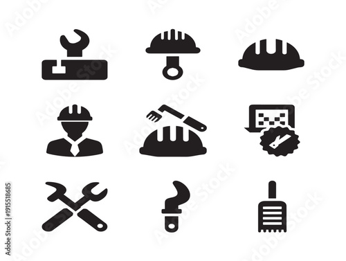 Handy builder tools silhouette with construction equipment line art