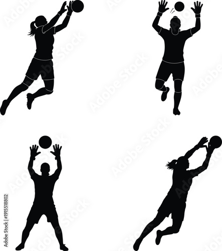Female volleyball player silhouette in dynamic action poses jumping and reaching for the ball on transparent background high quality professional detailed
