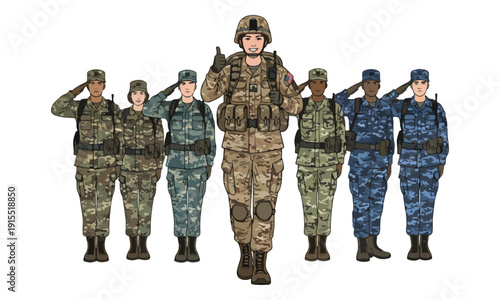 Group of Soldiers in Camouflage Uniforms Saluting and Giving Thumbs Up