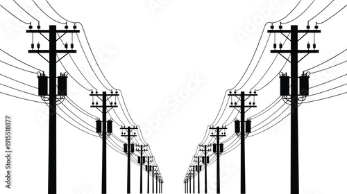 Electric power line poles silhouette vector illustration, utility transmission network perspective, black white infrastructure design