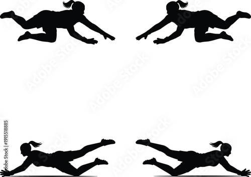 Two female figures in dynamic yoga poses performing plank variations depicted as a black silhouette on transparent background high quality professional