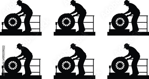 Factory worker mounting tire silhouette vector set, industrial labor process illustration, black white manufacturing scene design