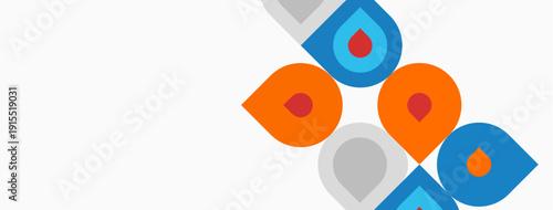 Colorful droplet shapes overlap white background. Simple design, vibrant hues, modern aesthetic. Clean lines, geometric forms present.