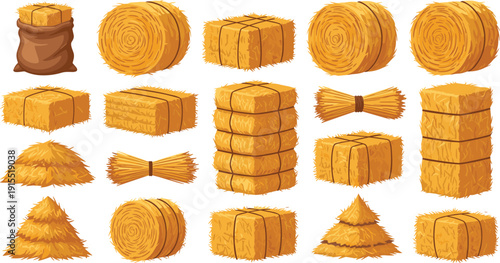 Set of agricultural hay bales and straw bundles icons in flat cartoon style for farm harvest season, countryside autumn landscape, and livestock fodder design elements.