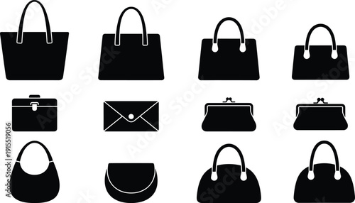 Handbag and purse silhouette collection isolated on white background, black fashion bag icons set including clutch tote and shoulder styles