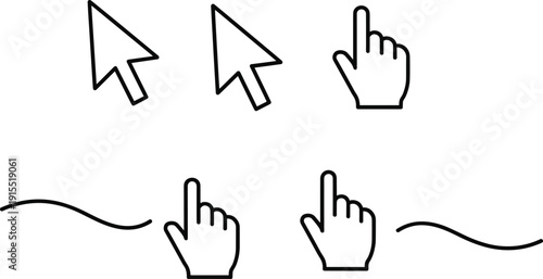 Set of classic computer mouse cursors and hand pointer icons in outline style for website navigation, user interface design, and digital interactivity symbols.