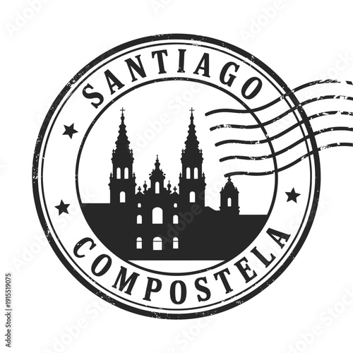 Vintage stamp design featuring Santiago de Compostela cathedral silhouette and circular text border