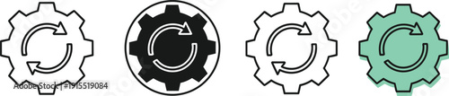 Set of cogwheel settings and process update icons with circular arrows representing technical maintenance, workflow automation, system synchronization, and industrial engineering progress.