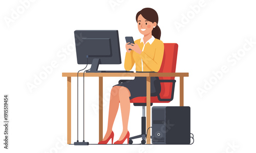 Businesswoman uses smartphone while working at office computer desk