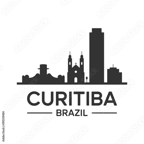 Curitiba Brazil cityscape silhouette with iconic buildings and text labeling the location