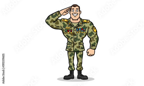 Military Officer Saluting in Camouflage Uniform Cartoon Character