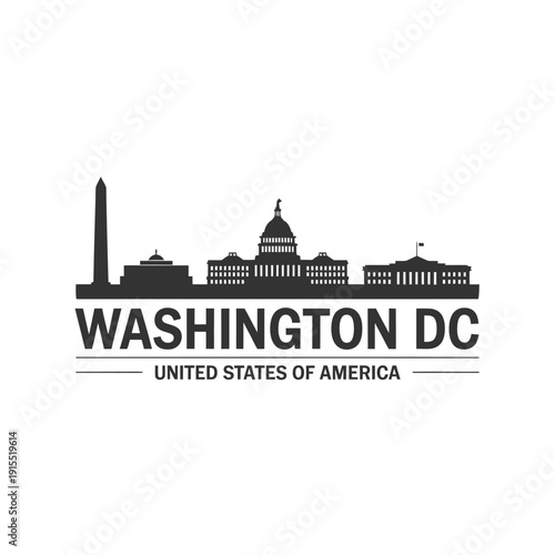 Silhouette illustration of washington dc skyline with washington dc and united states of america text
